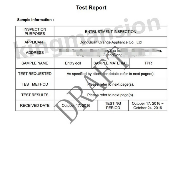 Kingmansion TPE Sex Doll Composition Inspection Report